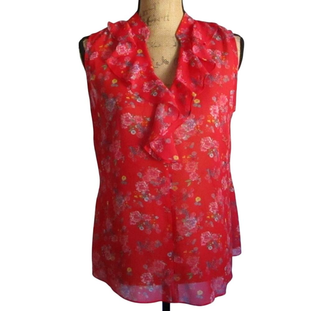 cAbi Crush Floral Ruffle Sleeveless Blouse Red Sheer Top Size S - Picture 3 of 17